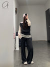 SWAYING 25 Early Spring Hanging Sleeve Colorblock Pullover SW-SW25PS1T03-HEIHUI Black and Gray SW25PS1T03